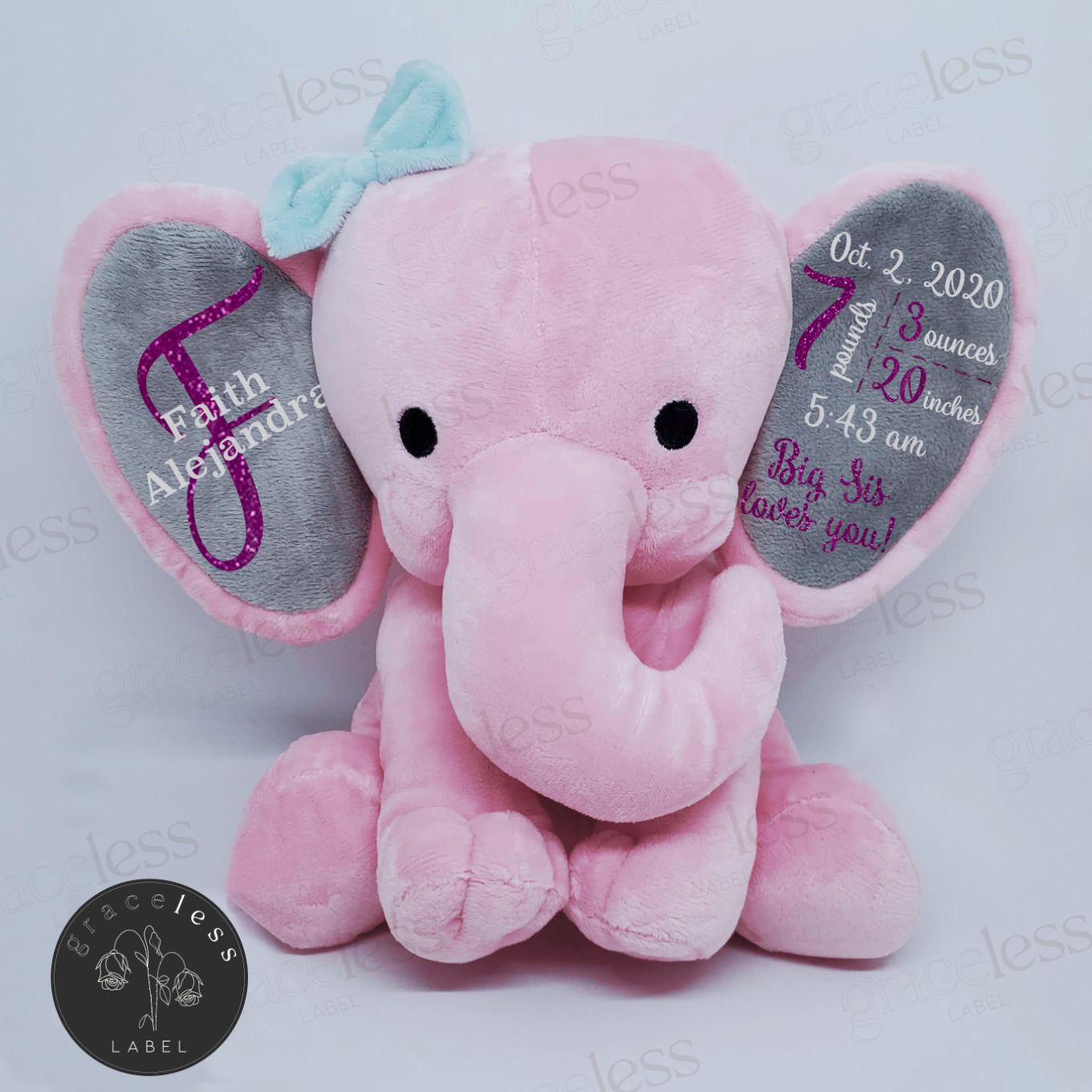 Pink Baby Birth Stat Plush Elephant